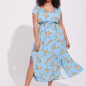 Torrid Textured Woven Double Slit Maxi Dress Size 4X Blue Orange Groves Print